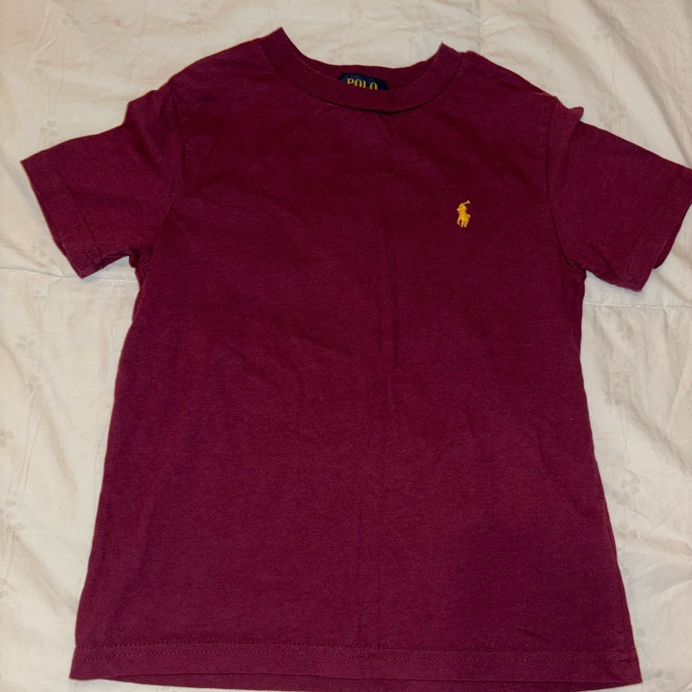 Like new boys Ralph Lauren Maroon with Yellow/Gold pony T shirt size 5.